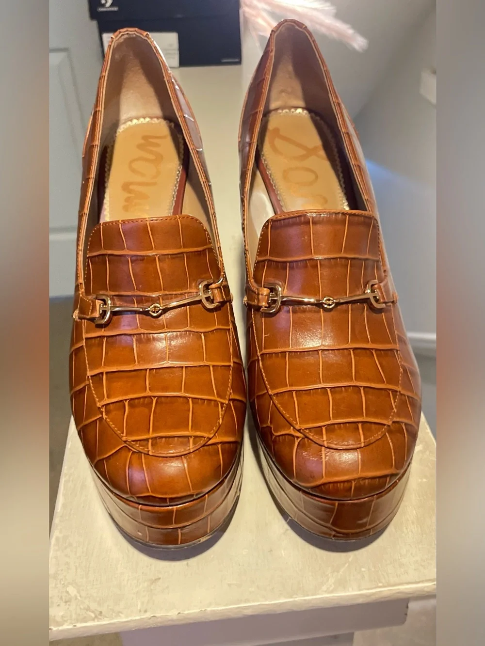 Sam Edelman Brown Croc-Embossed Leather Platform Size 10